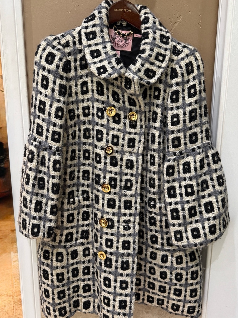 Juicy Couture Black and White Geometric Pea Coat